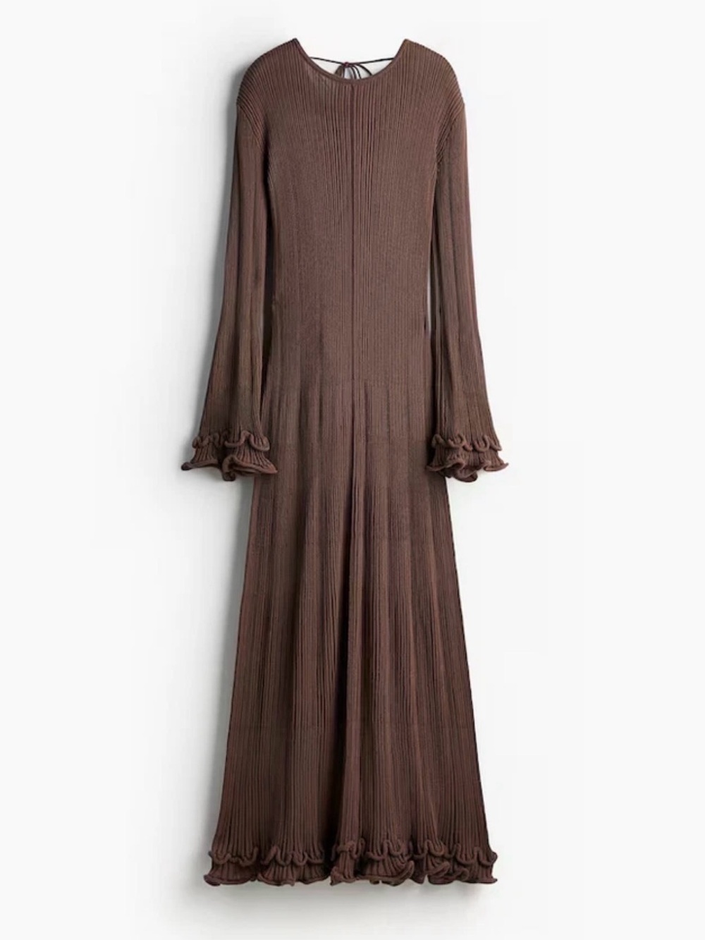 H&M Brown Ruffled-Hem Long-Sleeve Maxi Dress